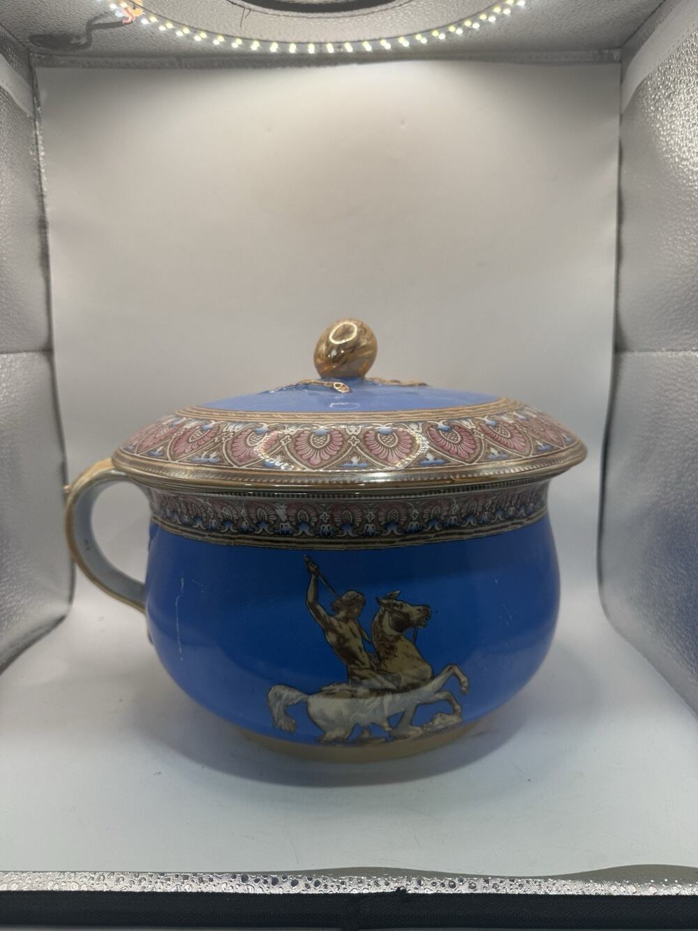James Edwards & Son Antique Cobalt Blue Covered Chamber Pot Horse Gilt 10” *
